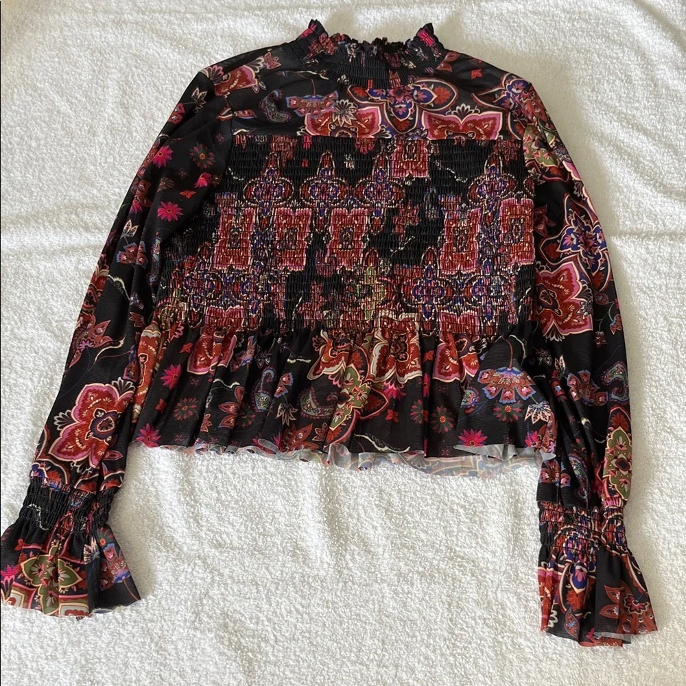 Chelsea & Violet Black Floral Smocked Peplum Blouse